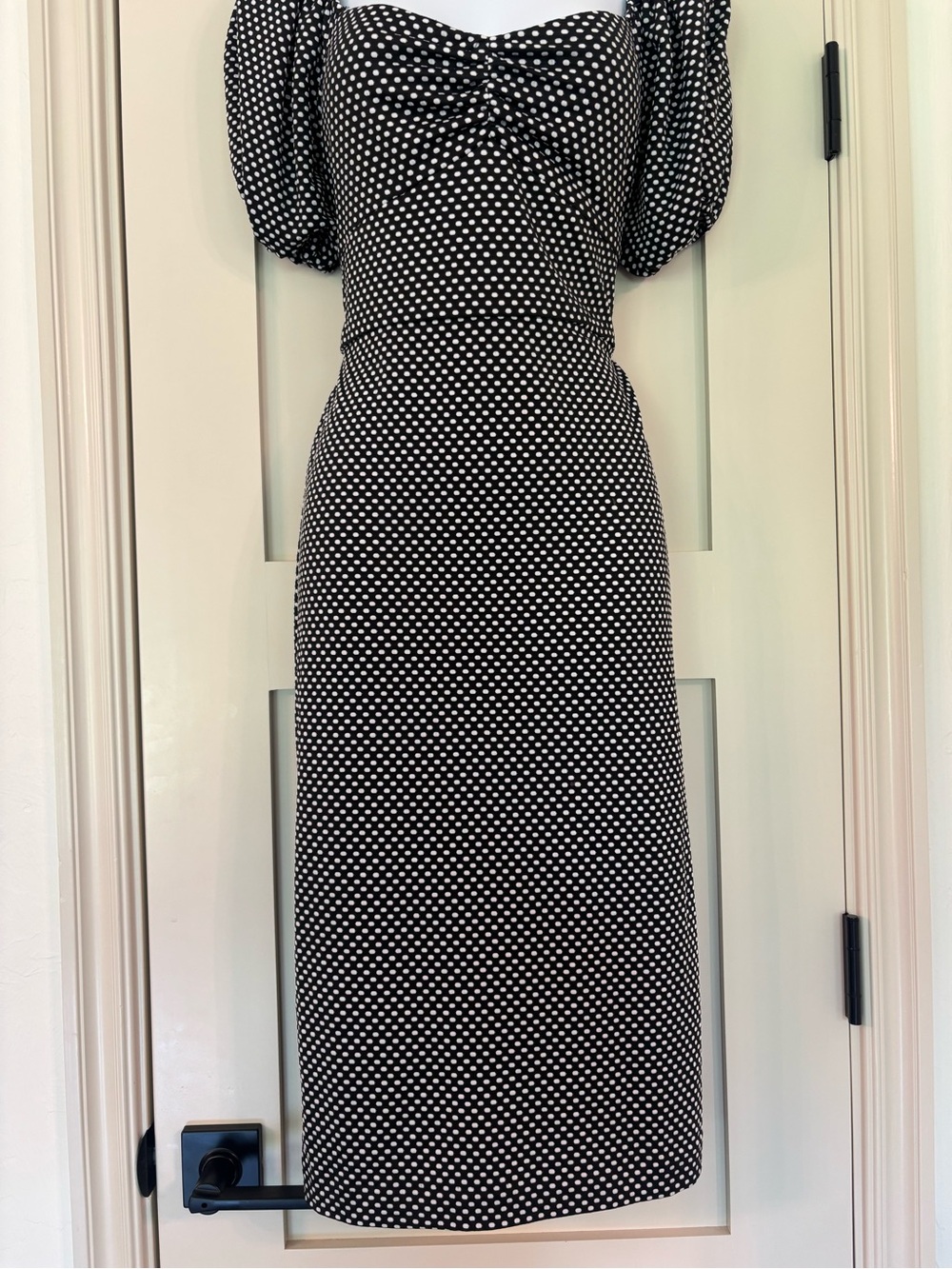 Betsey Johnson Polka Dot ruched pin up retro glam midi dress puff sleeve Sz 8 - Picture 5 of 9